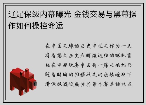辽足保级内幕曝光 金钱交易与黑幕操作如何操控命运