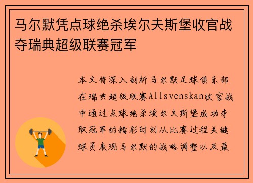 马尔默凭点球绝杀埃尔夫斯堡收官战夺瑞典超级联赛冠军 马尔默凭点球绝杀埃尔夫斯堡收官战夺瑞典超级联赛冠军