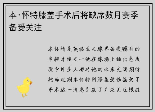 本·怀特膝盖手术后将缺席数月赛季备受关注