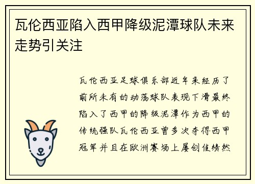 瓦伦西亚陷入西甲降级泥潭球队未来走势引关注